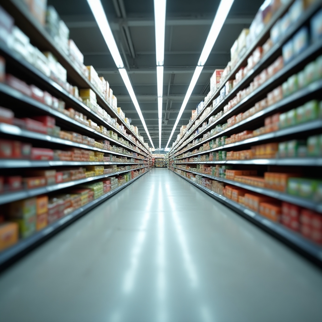Vista dall'alto del layout di un supermercato con corsie e posizionamento prodotti